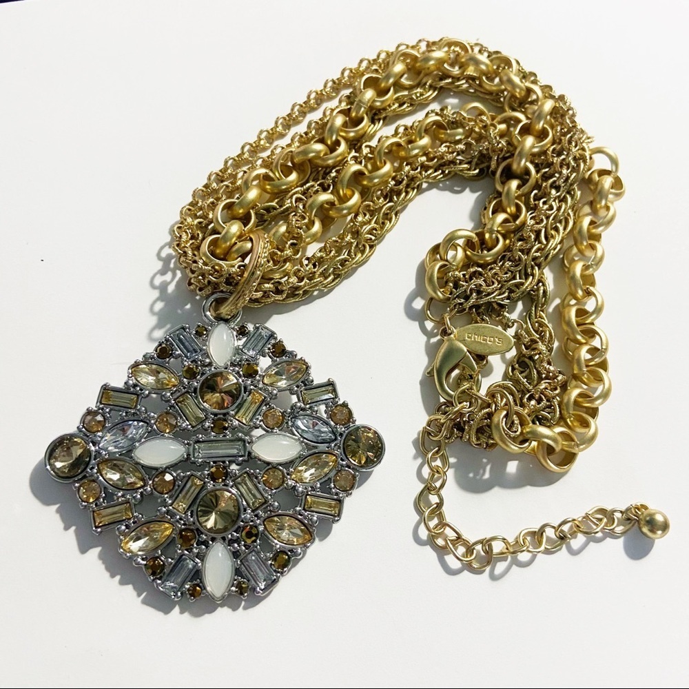 Chico’s gold multi chain rhinestone medallion